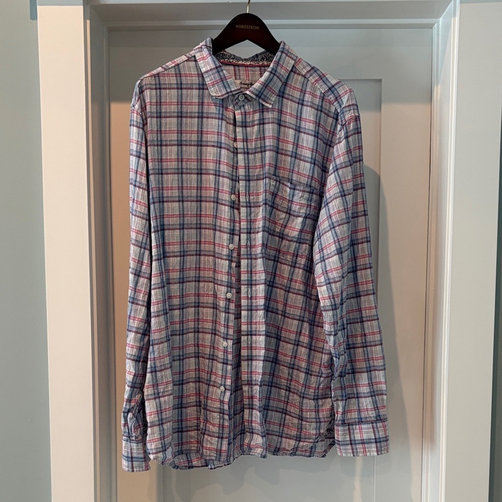 Tommy Bahama 100% linen XL Plaid Shirt blue purple pink